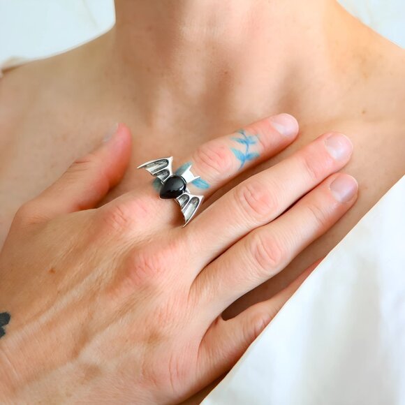 Amber Bat Ring Sterling Silver Gothic Adjustable - Picture 4 of 7